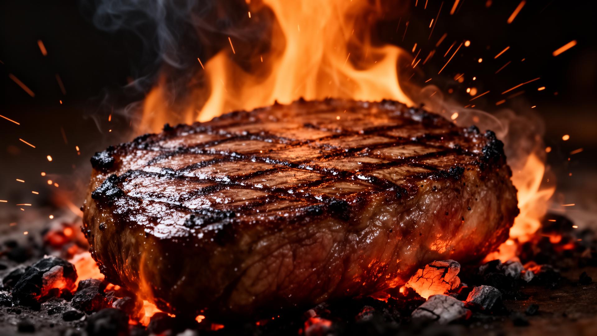 Flame grilled steak with embers and smoke