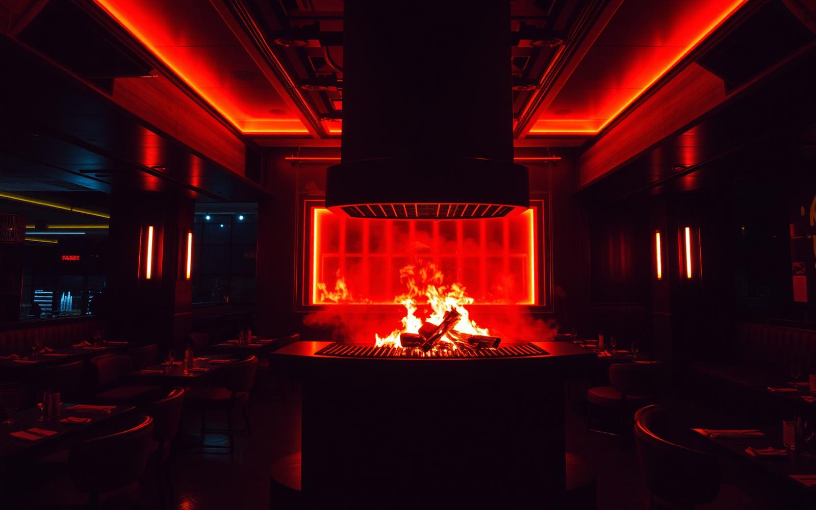 Mjomba's Texas Grill interior with open flame
